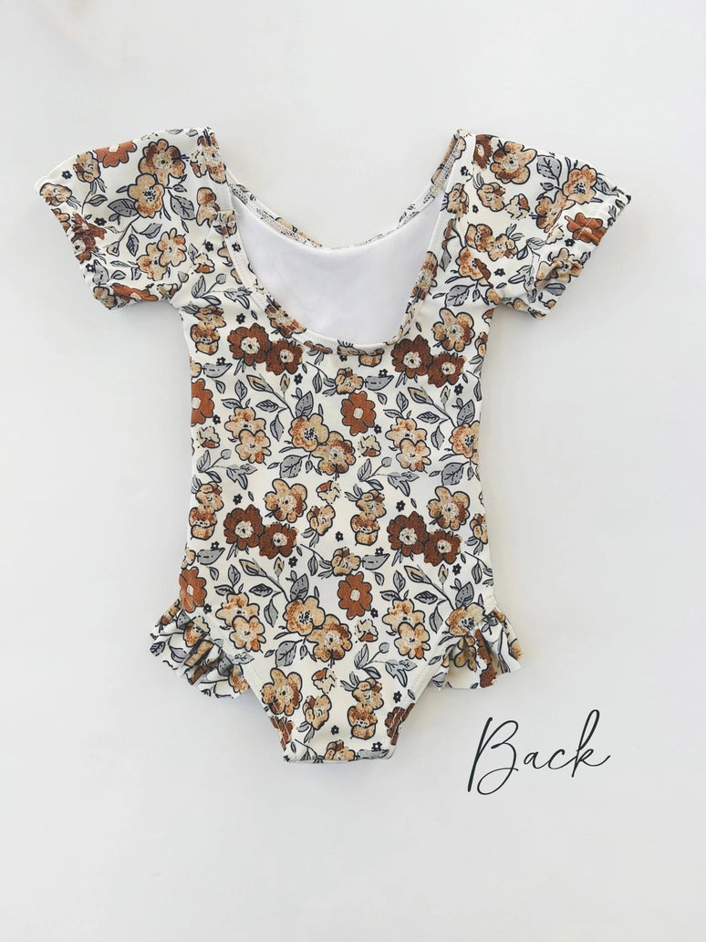 Girls Ruffled Floral Short Sleeve Swimsuit
