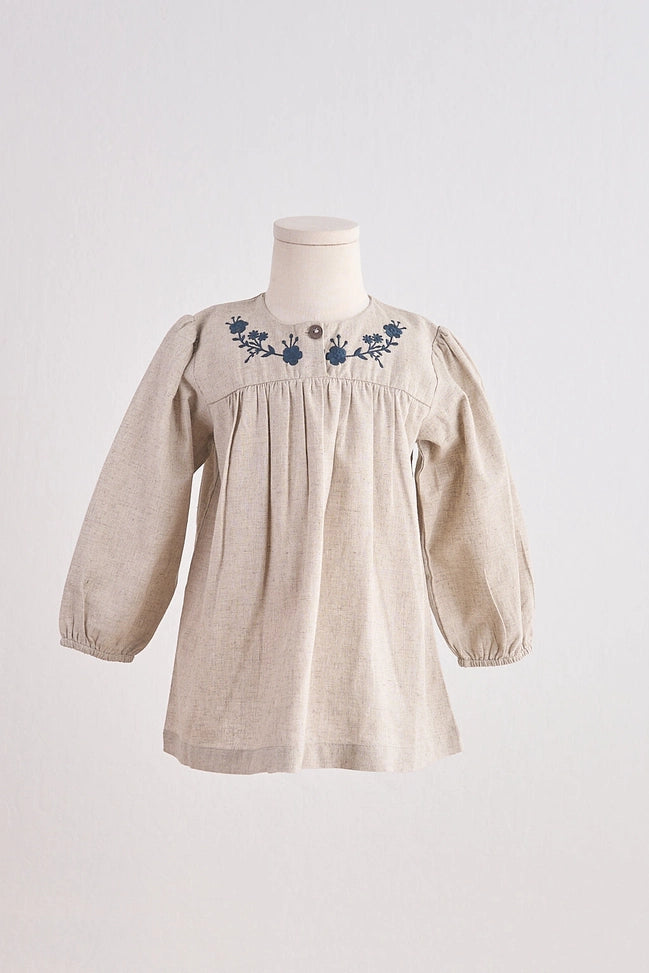 Gray Floral Embroidery Linen Girl Dress