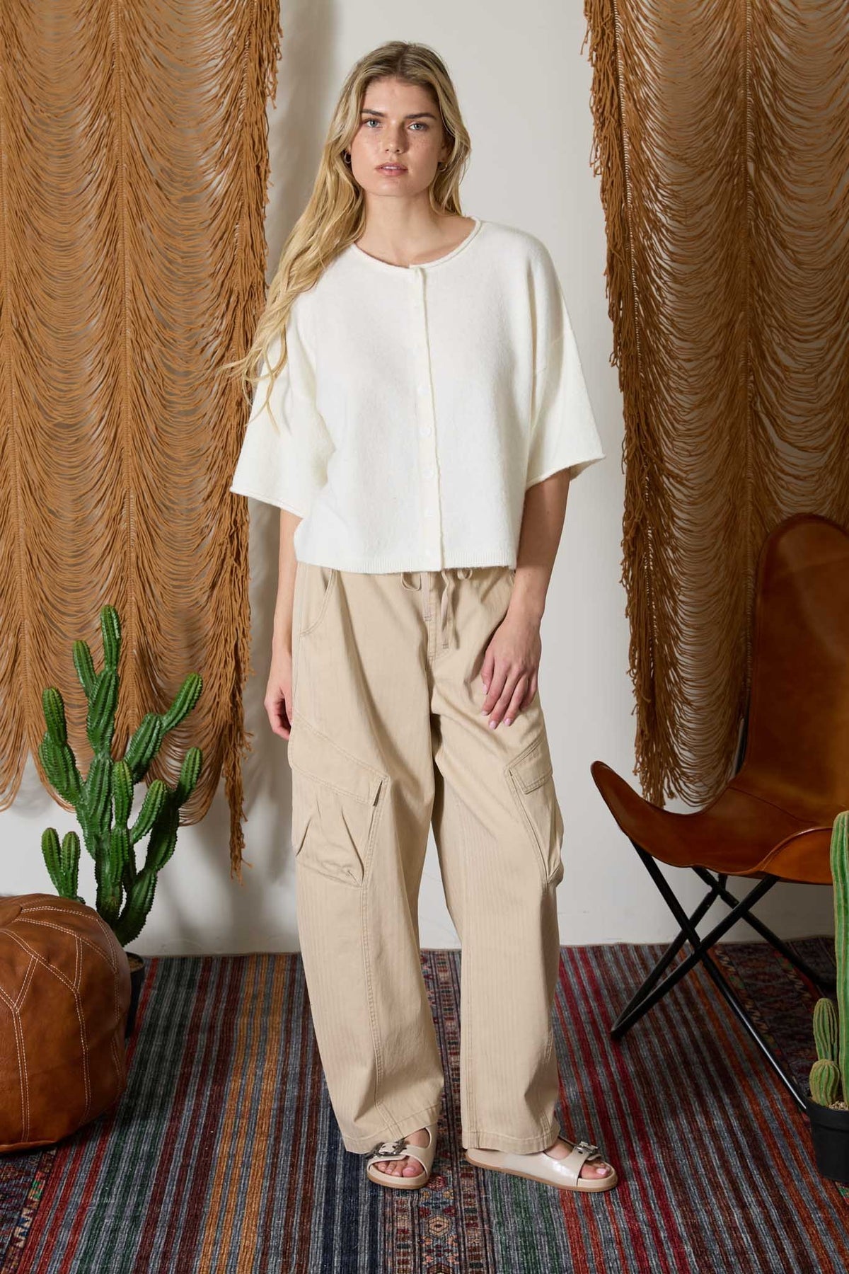 Raw Edge Short Sleeve Button Down Boxy Cardigan