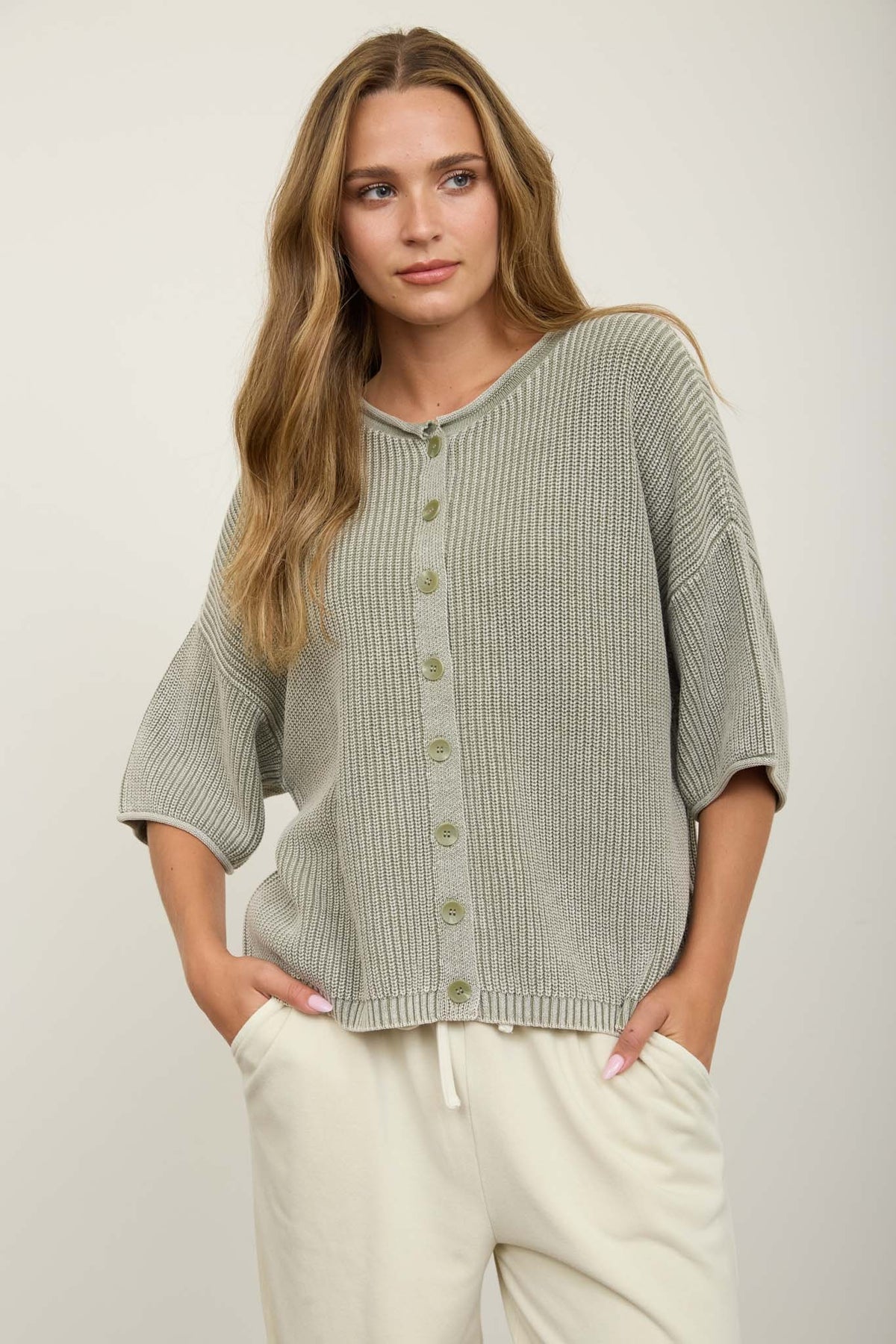 Washed Ribbed Short Sleeve Rolled Edge Cardigan