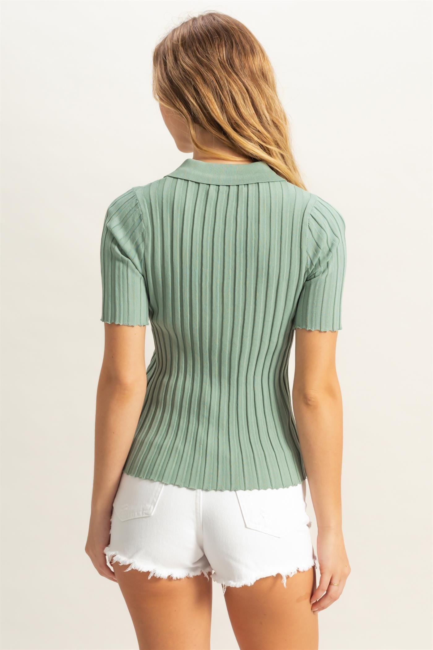 Rib Knitted Short Sleeve Polo Top
