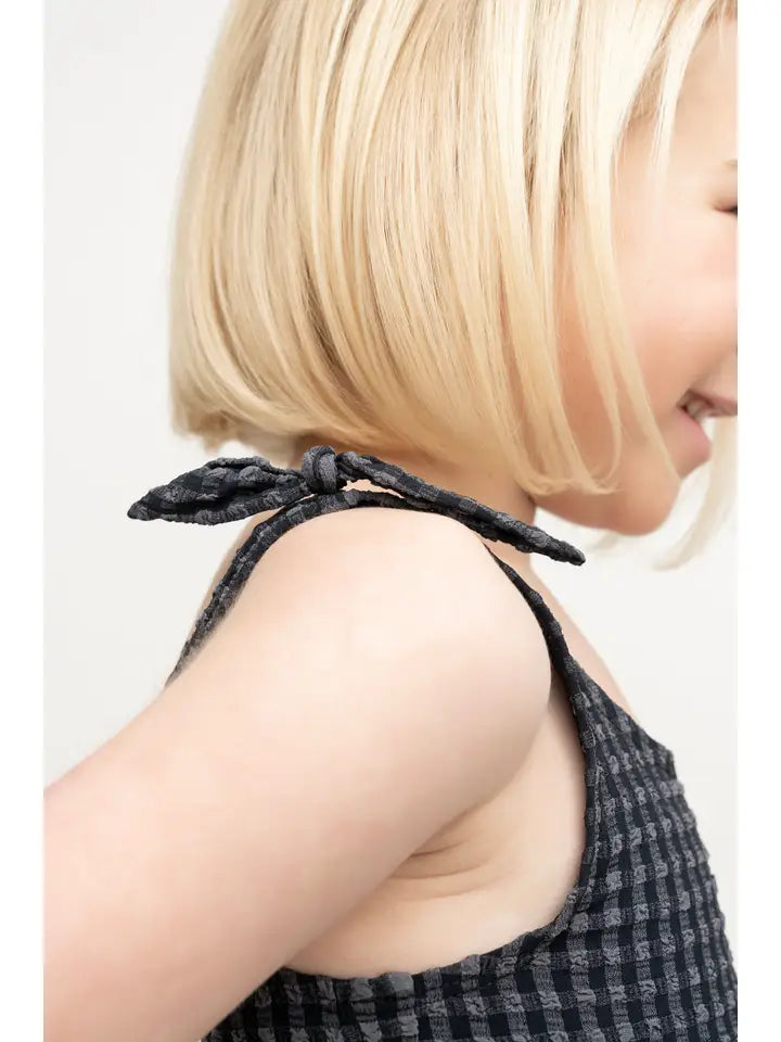 Black & Gray Gingham Bowtie Straps Kids One Piece