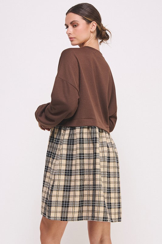Long Sleeve Checked Skirt Dress-brown