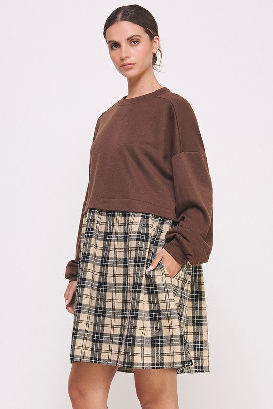 Long Sleeve Checked Skirt Dress-brown