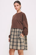 Long Sleeve Checked Skirt Dress-brown