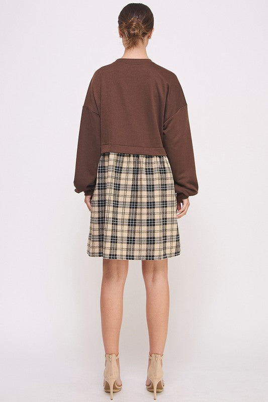 Long Sleeve Checked Skirt Dress-brown