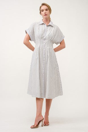 Striped Button-down Midi Dress With Collared Neck