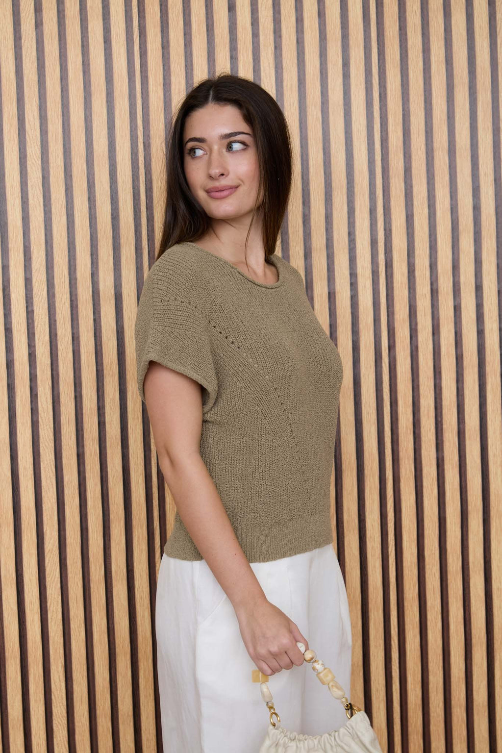 V Stitch Detail Short Sleeve Knit Pullover Sweater