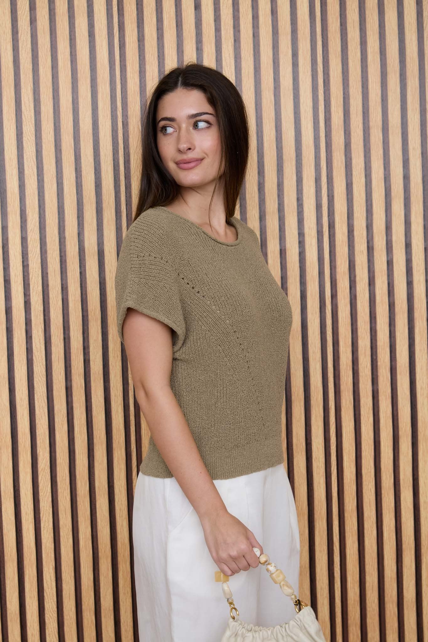 V Stitch Detail Short Sleeve Knit Pullover Sweater