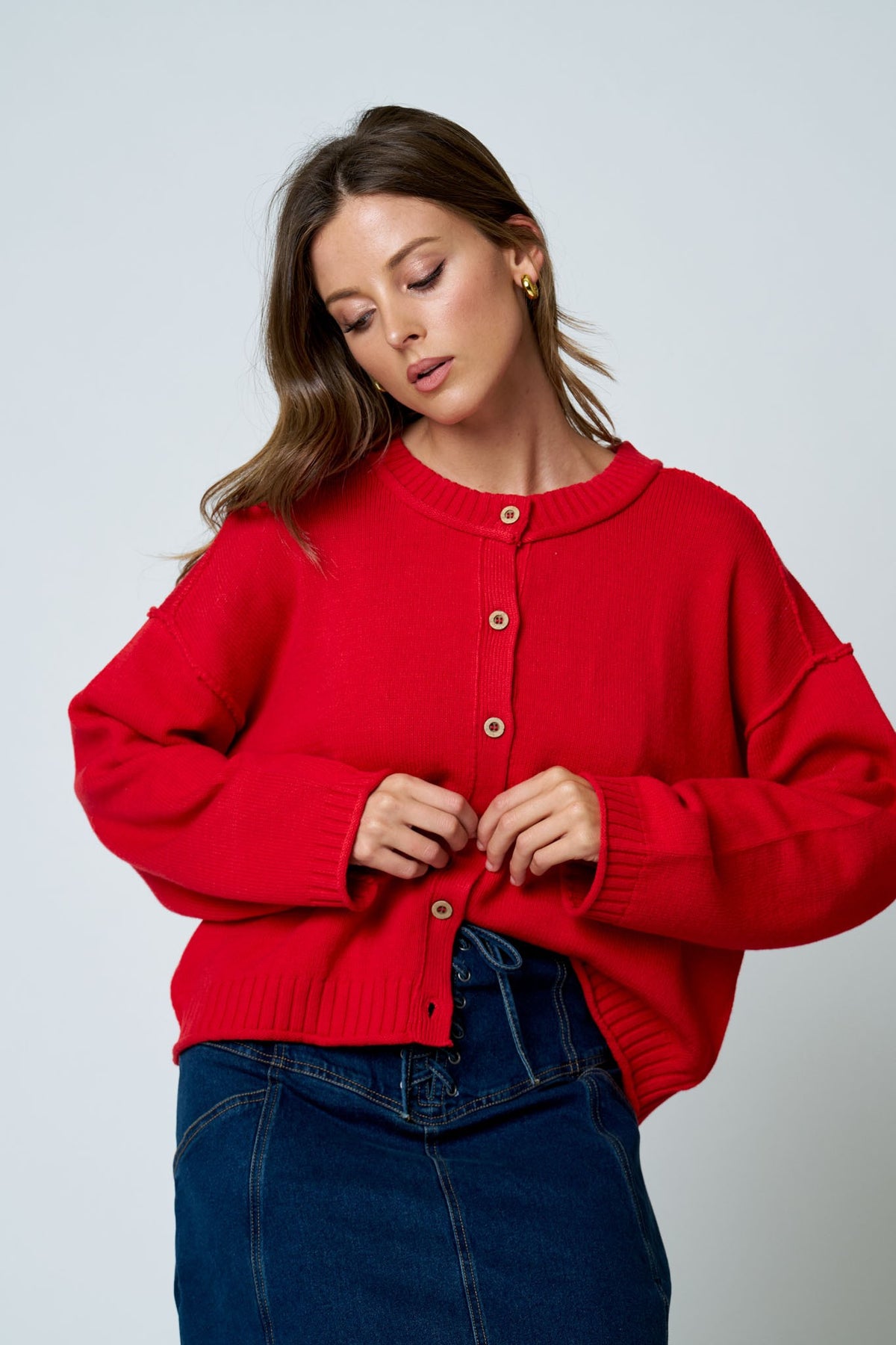 Raw Edge Exposed Seam Button Down Knit Cardigan