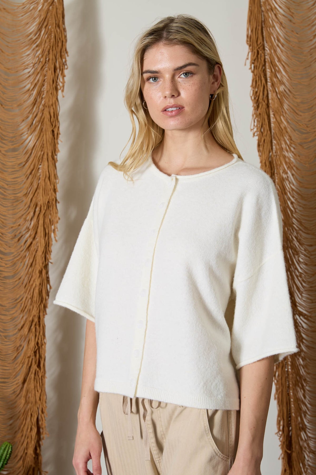 Raw Edge Short Sleeve Button Down Boxy Cardigan