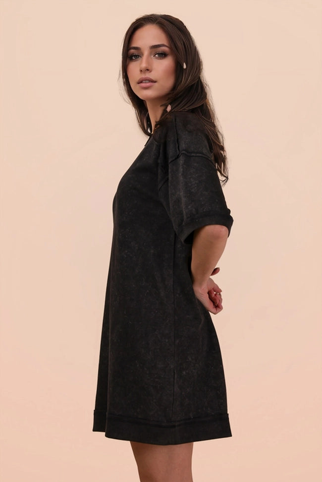 Mineral Washed French Terry Knit Casual Mini Dress
