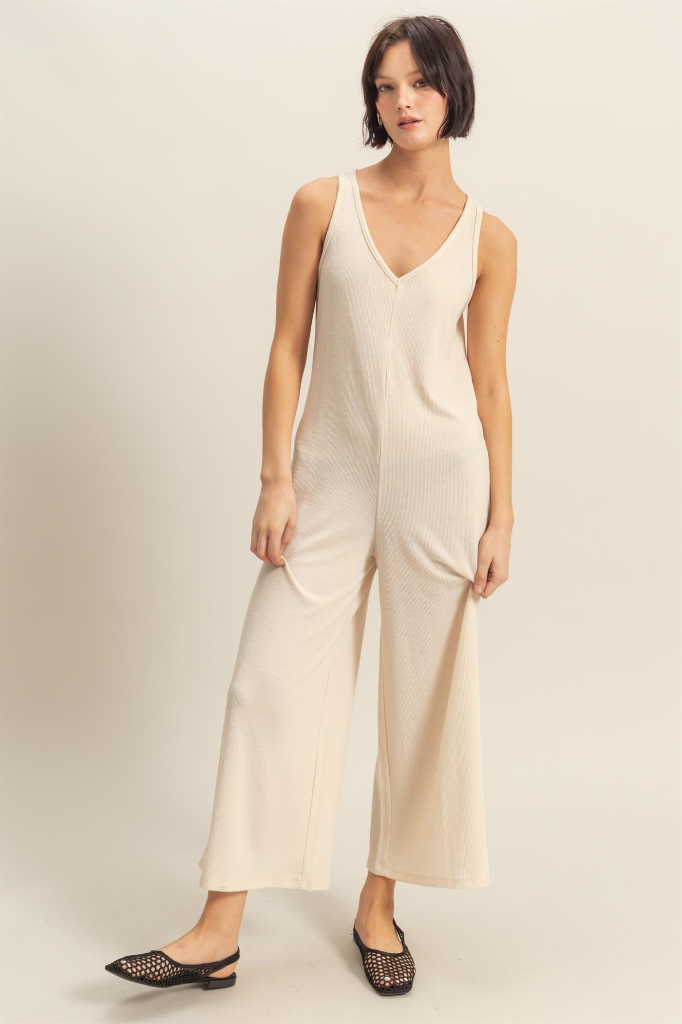 V-neck Sleeveless Wide Leg Jumpsuit