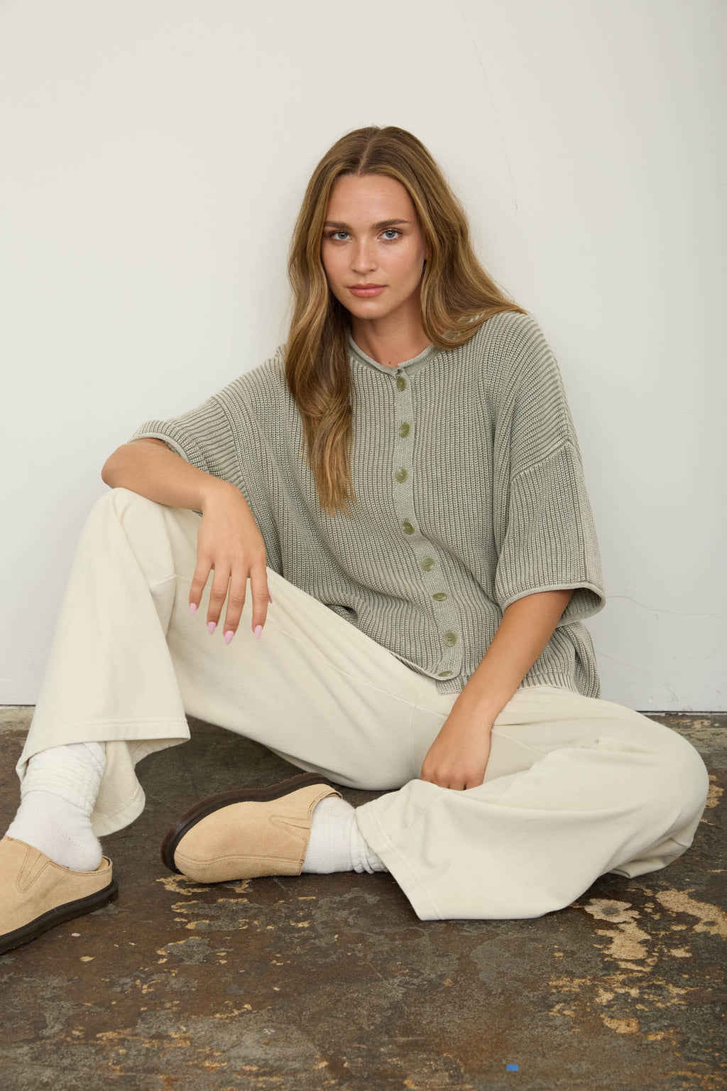 Washed Ribbed Short Sleeve Rolled Edge Cardigan