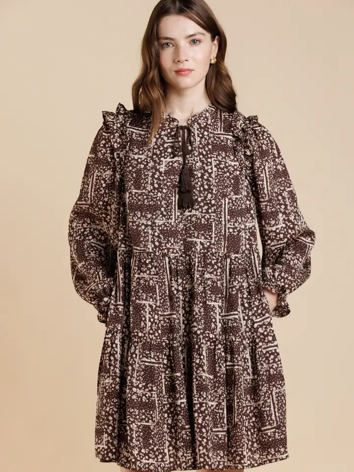 Boho Print Ruffle Long Sleeve Tiered Dress