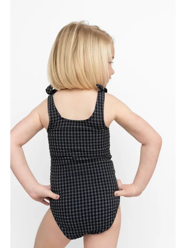 Black & Gray Gingham Bowtie Straps Kids One Piece