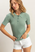 Rib Knitted Short Sleeve Polo Top