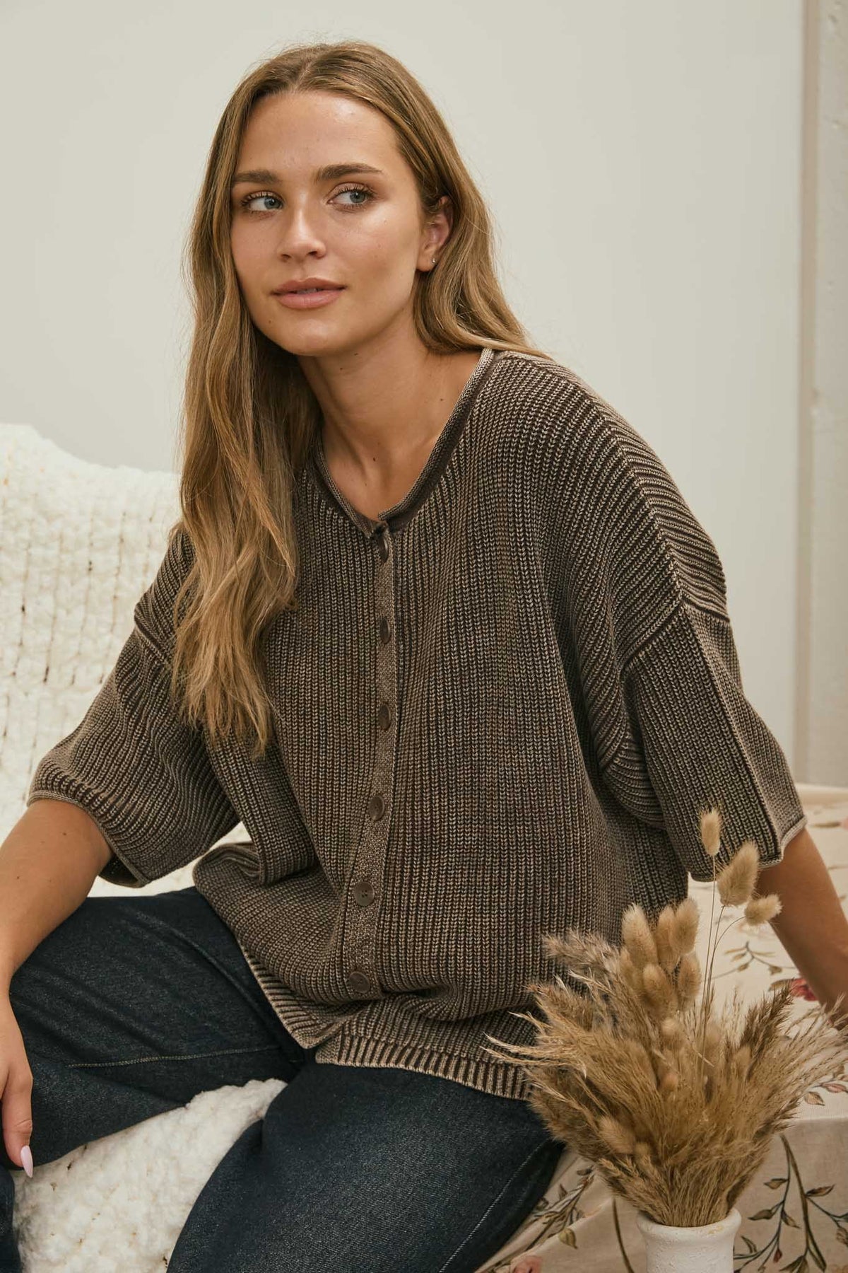 Washed Ribbed Short Sleeve Rolled Edge Cardigan