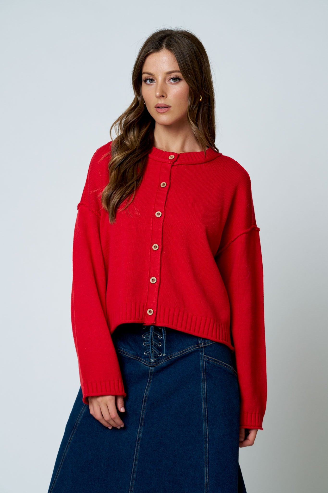 Raw Edge Exposed Seam Button Down Knit Cardigan