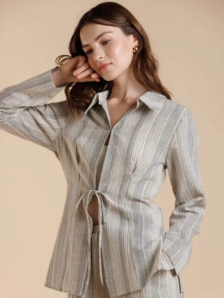 Linen Look Collared Stripe Tie Blouse