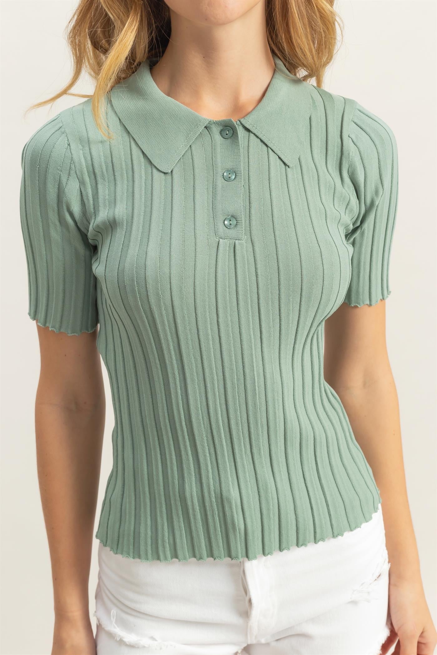 Rib Knitted Short Sleeve Polo Top