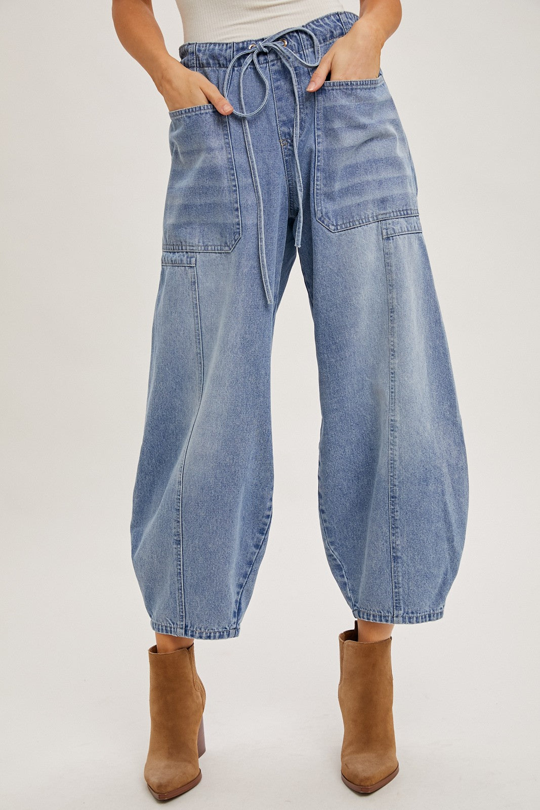 Denim Mid-waist Drawstrings Barrel Jeans