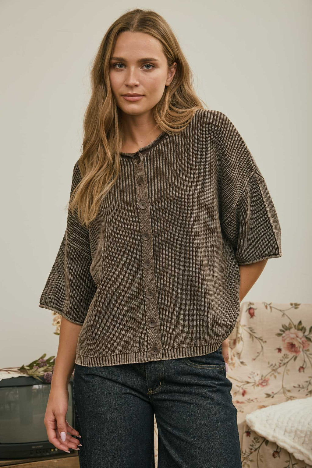 Washed Ribbed Short Sleeve Rolled Edge Cardigan