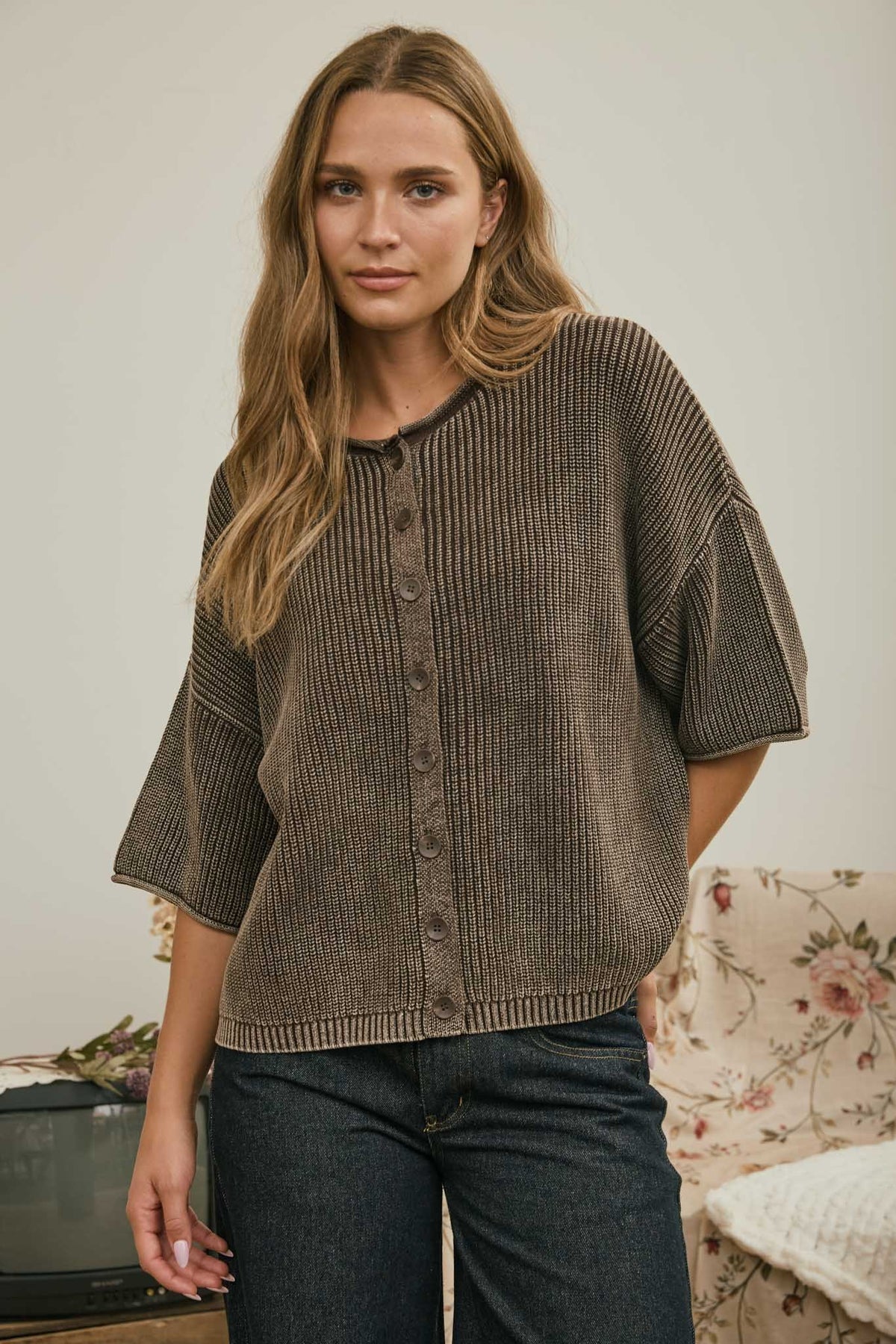 Washed Ribbed Short Sleeve Rolled Edge Cardigan