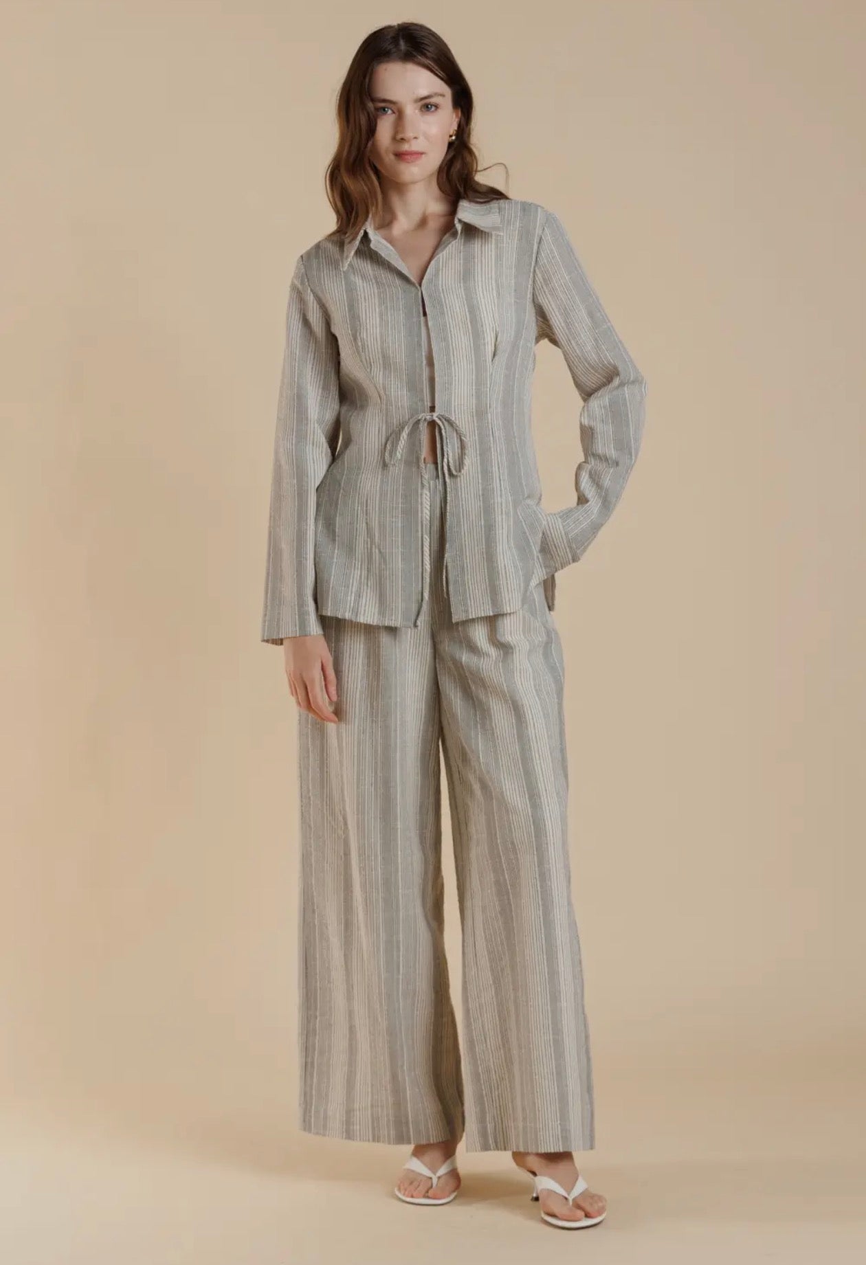 Linen Look Striped Wide Leg Pants