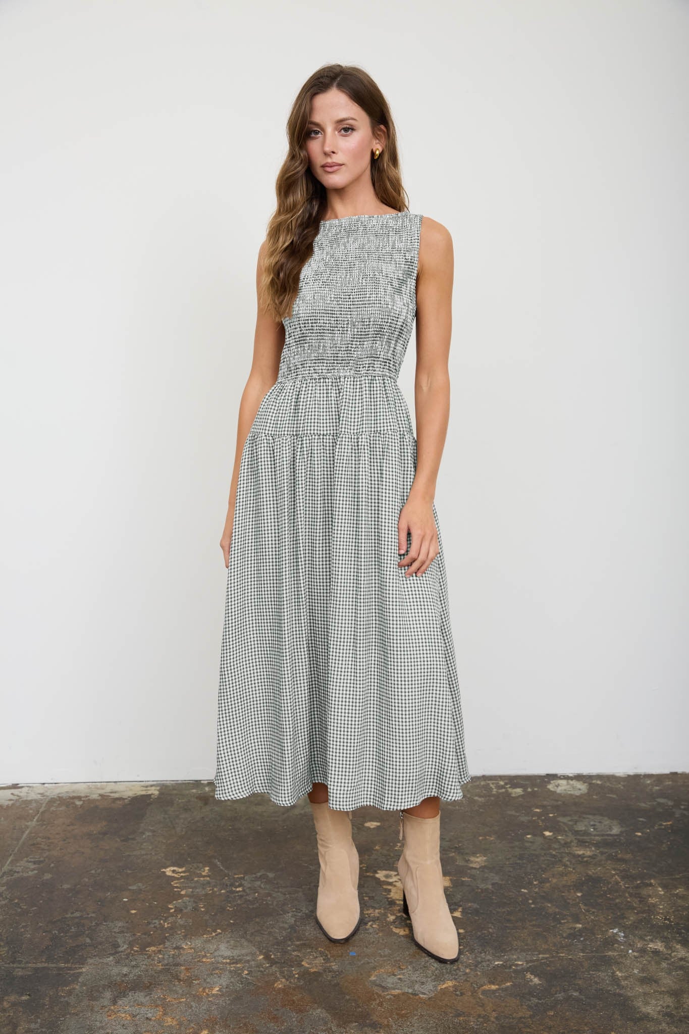 Smocked Gingham Tiered Sleeveless Midi Dress
