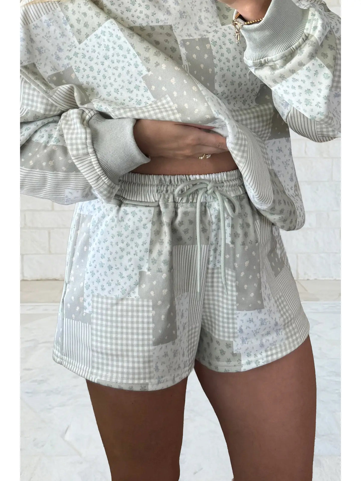Patchwork Floral Drawstring Shorts Two Piece Set