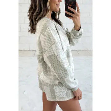 Patchwork Floral Drawstring Shorts Two Piece Set