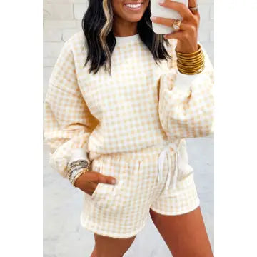 Gingham Crewneck & Shorts Loungewear 2 Piece Set