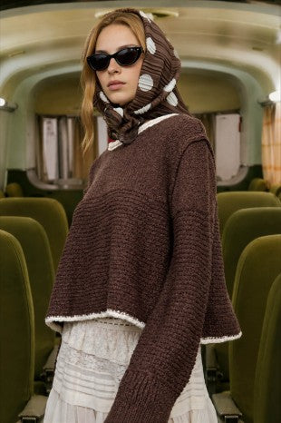 Contrast Trim And Knit Pattern Long Sleeve Sweater