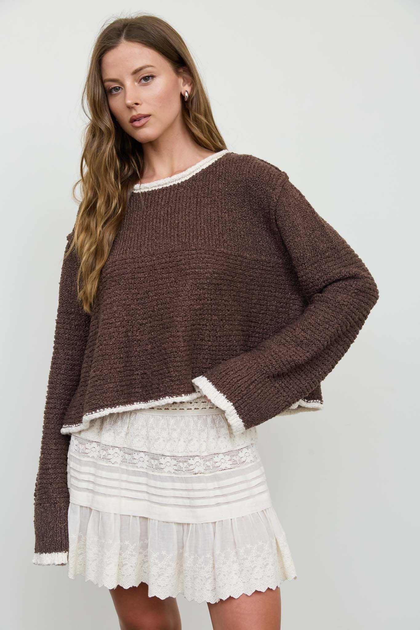 Contrast Trim And Knit Pattern Long Sleeve Sweater