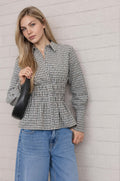 Plaid Collared Shirred Waist Long Sleeve Shirt