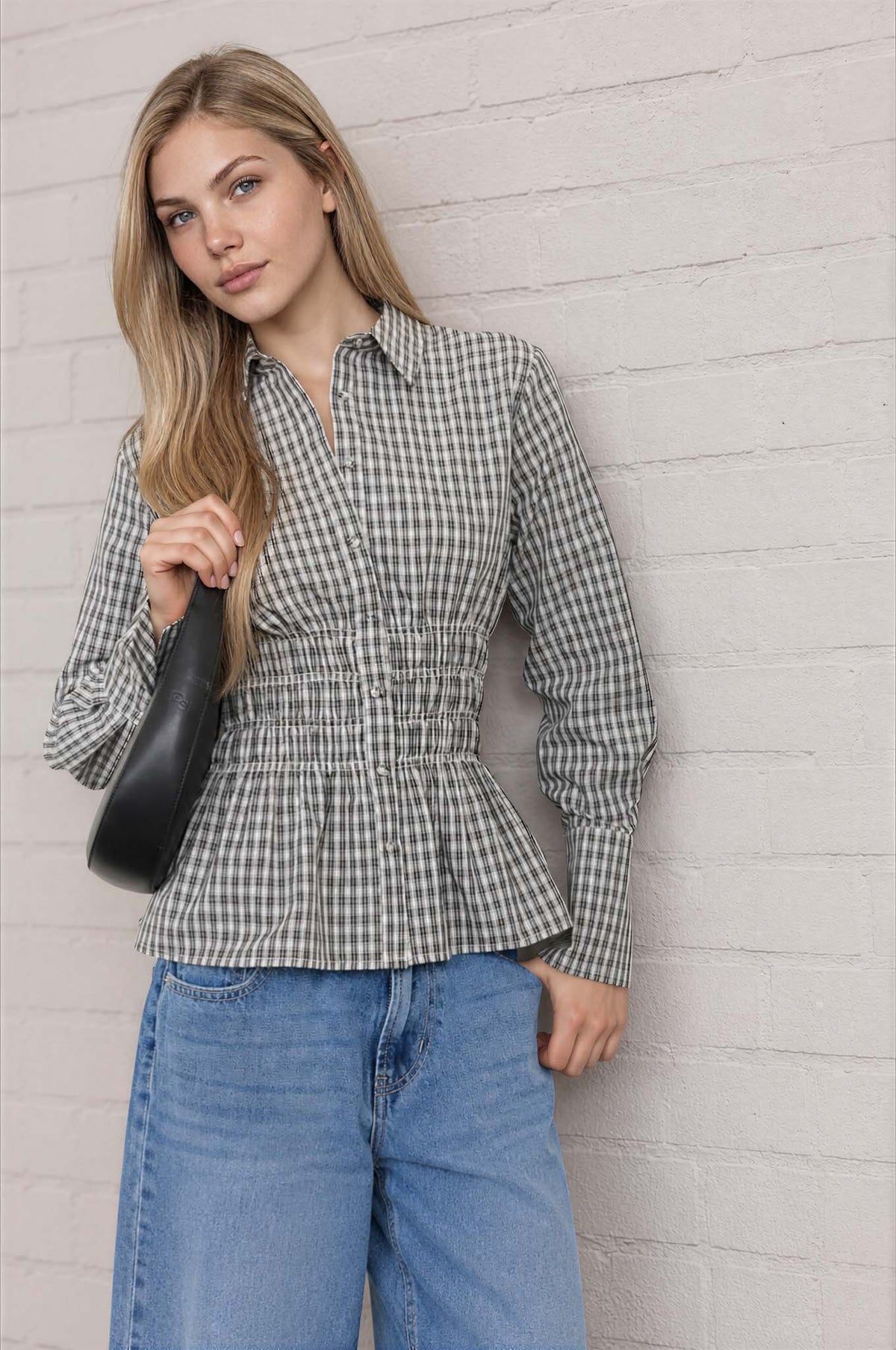 Plaid Collared Shirred Waist Long Sleeve Shirt