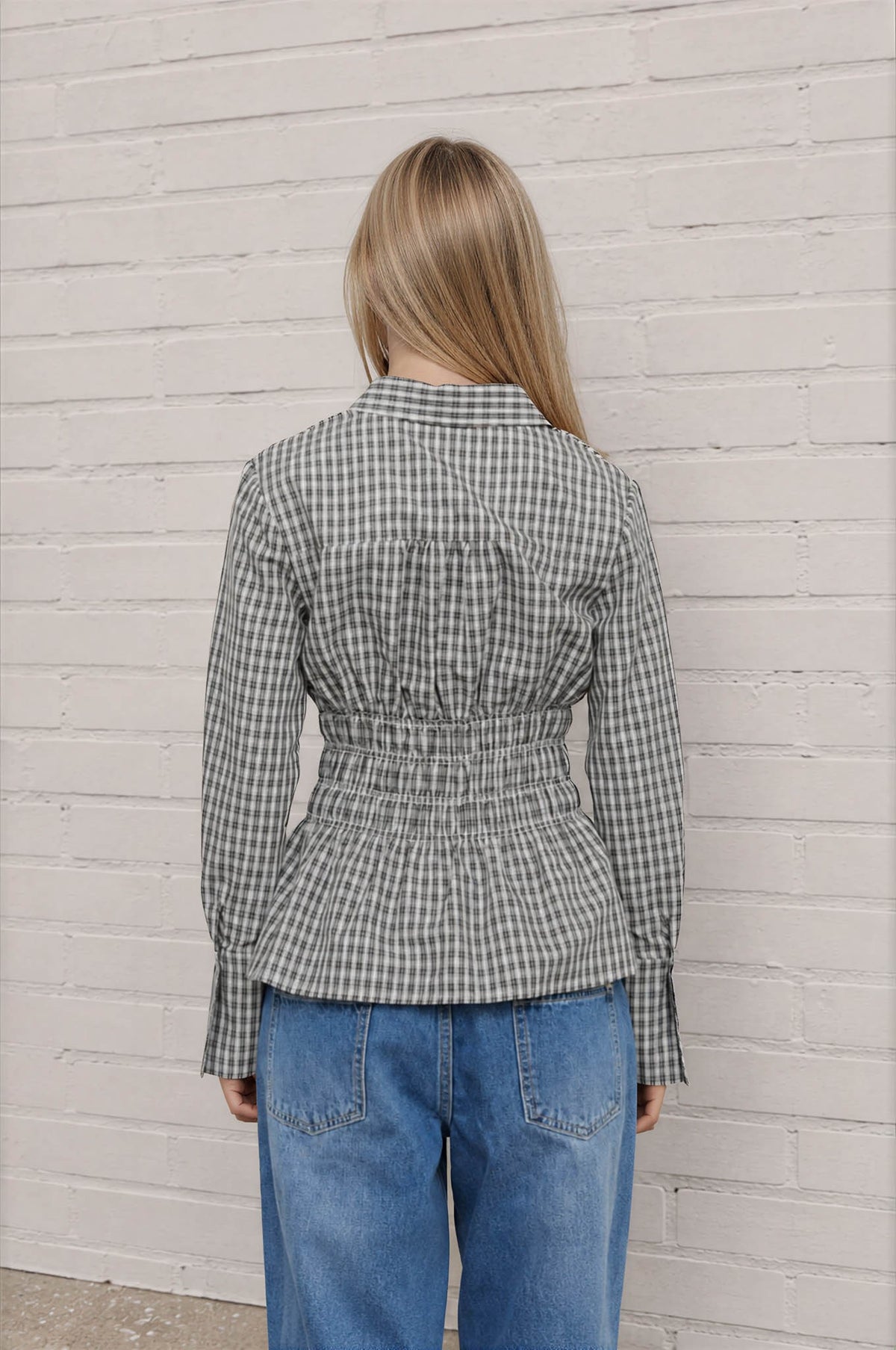 Plaid Collared Shirred Waist Long Sleeve Shirt