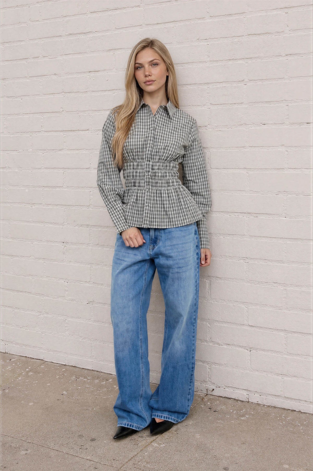 Plaid Collared Shirred Waist Long Sleeve Shirt