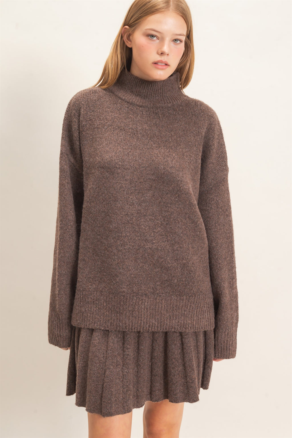 Mock Neck Sweater With Pleaded Skirt