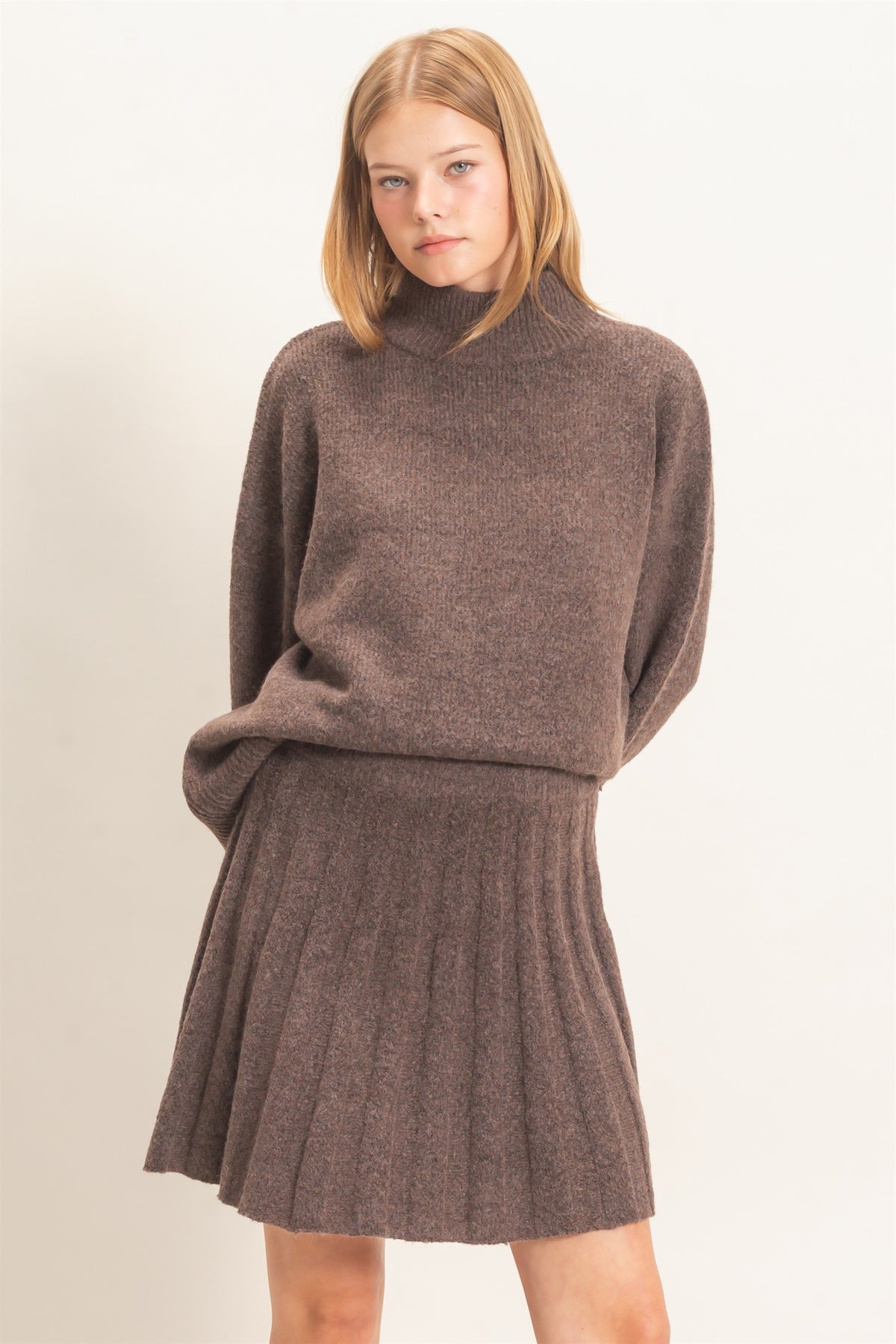Mock Neck Sweater With Pleaded Skirt