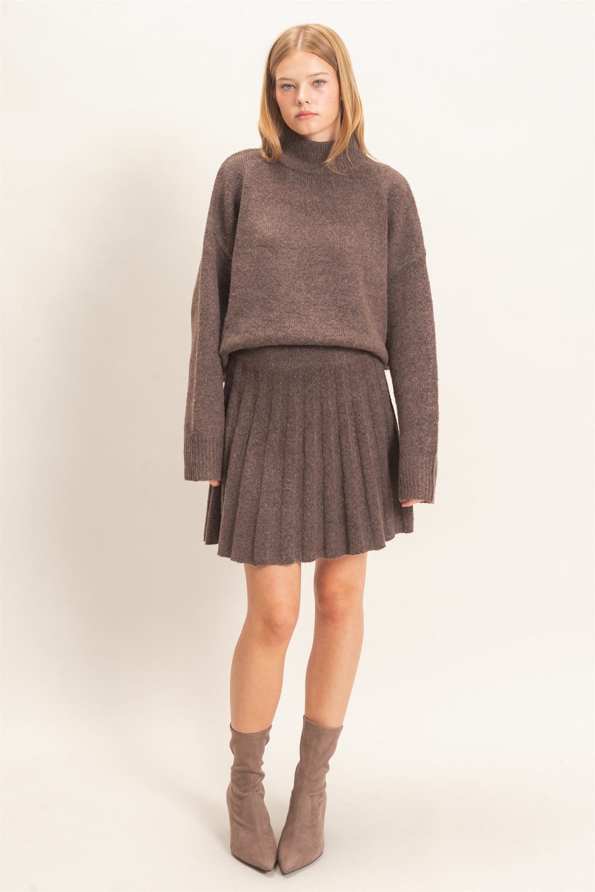 Mock Neck Sweater With Pleaded Skirt