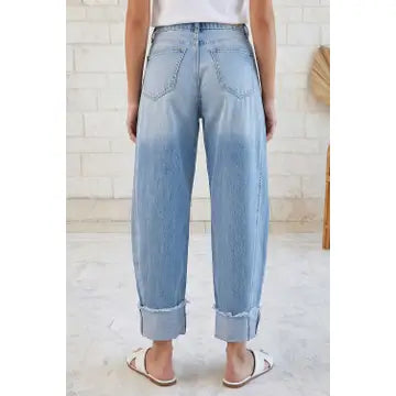 Raw Hem Turnup Loose Ankle-Length Jeans