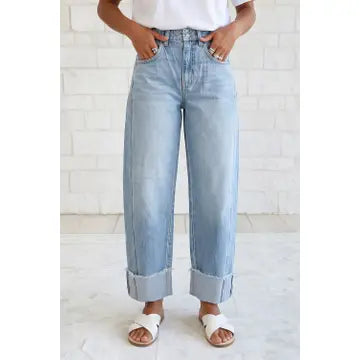 Raw Hem Turnup Loose Ankle-Length Jeans