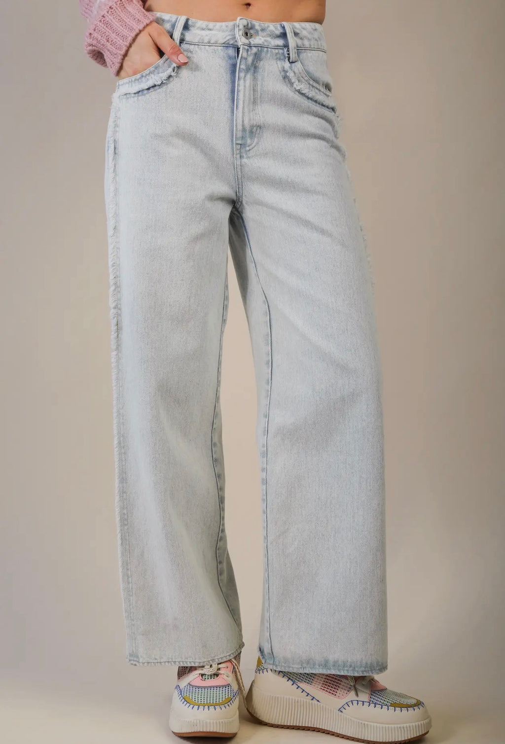 Wide Leg Frayed Detail High Rise Jeans