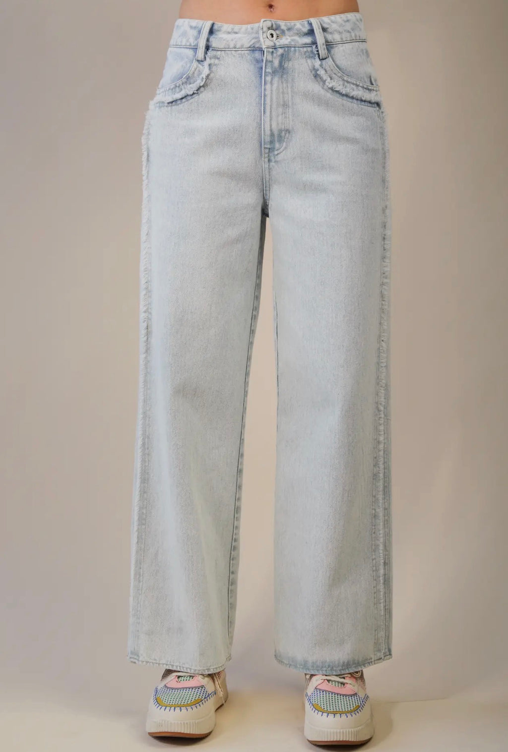 Wide Leg Frayed Detail High Rise Jeans