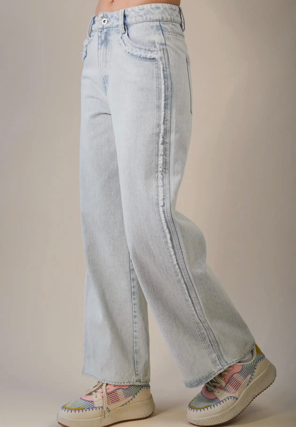 Wide Leg Frayed Detail High Rise Jeans