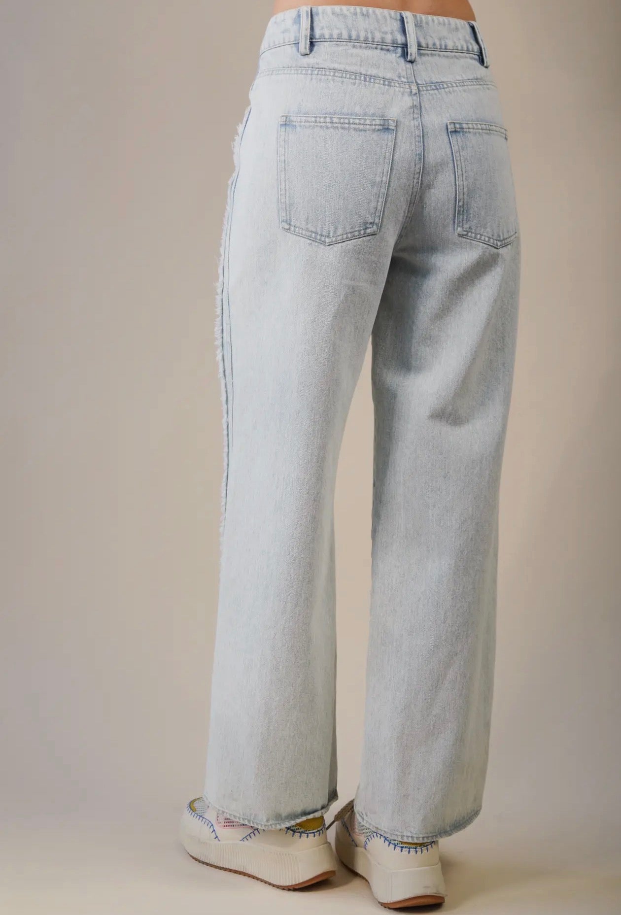Wide Leg Frayed Detail High Rise Jeans