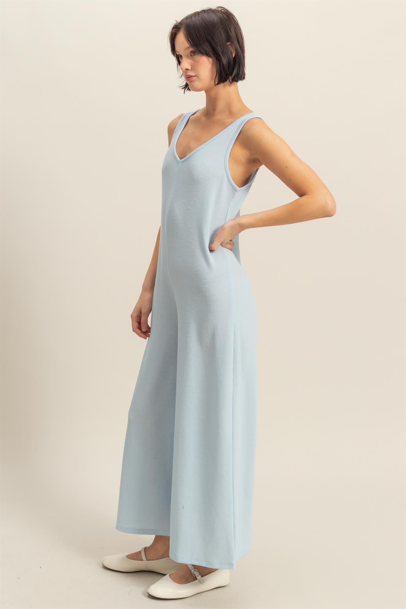 V-neck Sleeveless Wide Leg Jumpsuit