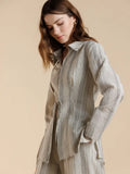 Linen Look Collared Stripe Tie Blouse